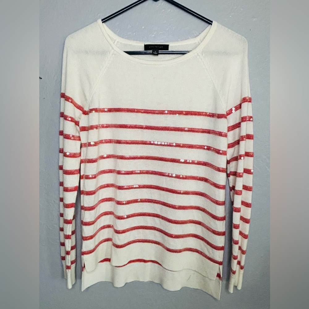 Ann Taylor Womens Sequins Striped Knit Top Sweater SZ SM viscose/wool